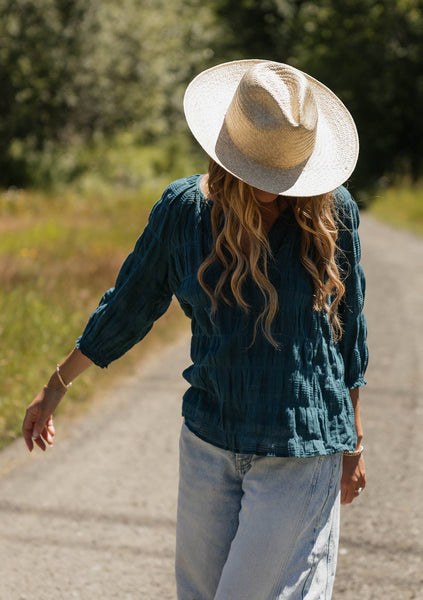 3/4 Sleeve V-Split Neck Blouse: Deep Teal / S