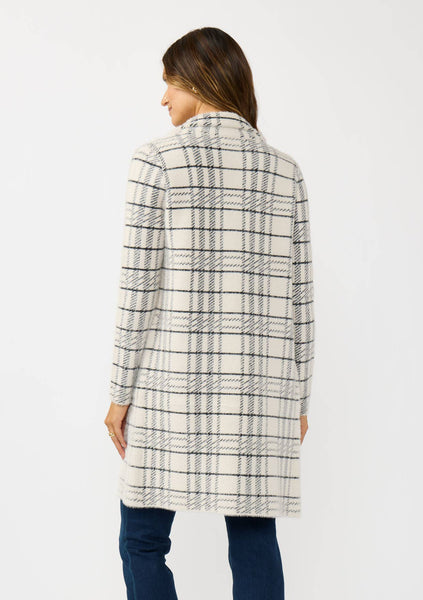 Plaid Notched Collar Button Front Cardigan: Cream/Black