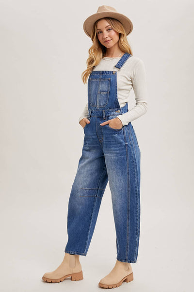 DENIM BARREL OVERALLS: MED.WASH / L