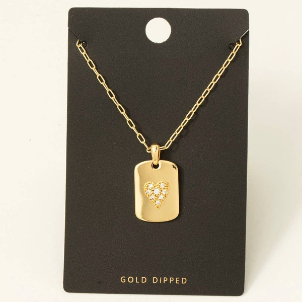 Gold Dipped Cz Heart Dog Tag Pendant Necklace: GOLD - Lulu Bella Boutique