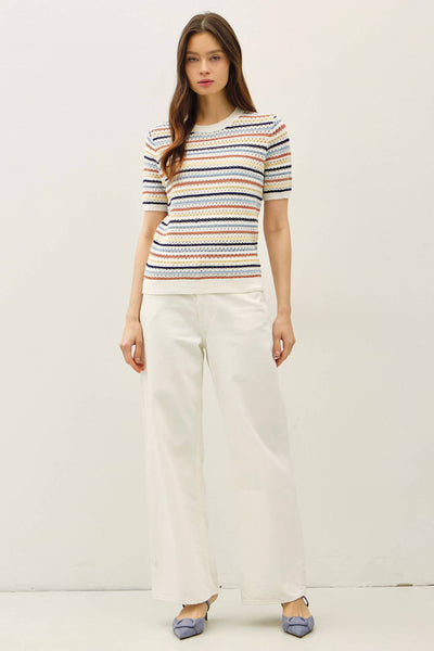MULTI COLOR STRIPE SHORT SLEEVE TEXTURED SWEATER  : DENIM / S - Lulu Bella Boutique