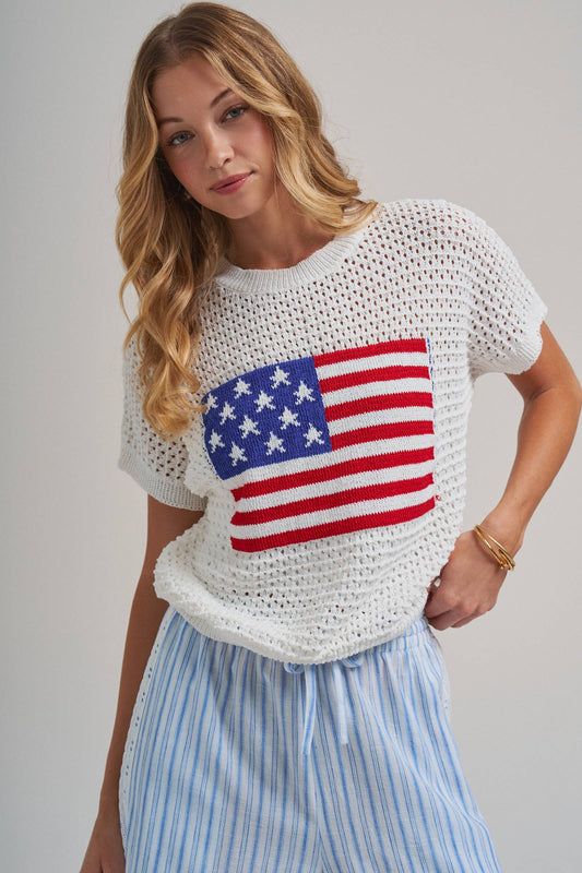 AMERICAN FLAG 4TH OF JULY LOW GAUGE SWEATER TOP: OFF WHITE / S-M-L(2-2-2) - Lulu Bella Boutique