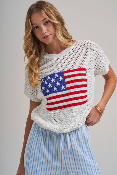 AMERICAN FLAG 4TH OF JULY LOW GAUGE SWEATER TOP: OFF WHITE / S-M-L(2-2-2) - Lulu Bella Boutique