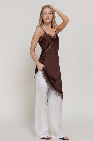 V-neck Asymmetric Lace Satin Dress: Brown