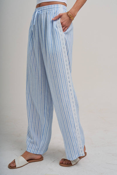 CASUAL PANTS WITH DELICATE RIBBON TRIM ON THE SIDE: VINTAGE BLUE / S-M-L(2-2-2) - Lulu Bella Boutique