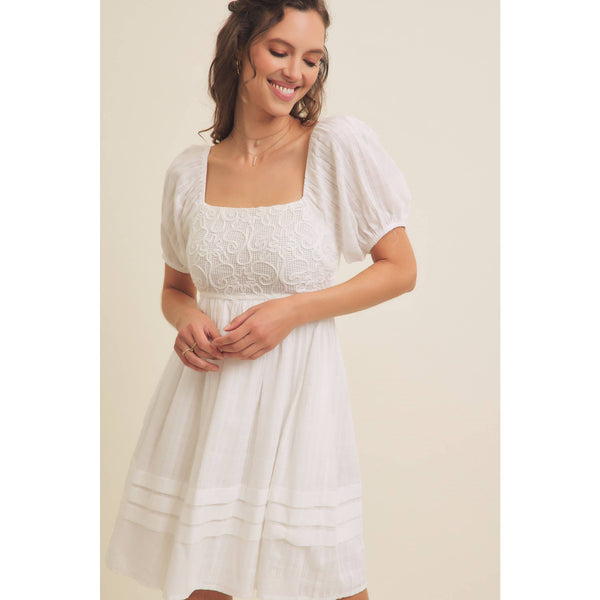 AIRY COTTON GAUZE CROCHET MINI DRESS WITH SMOCKED BACK: OPTIC WHITE / S - Lulu Bella Boutique