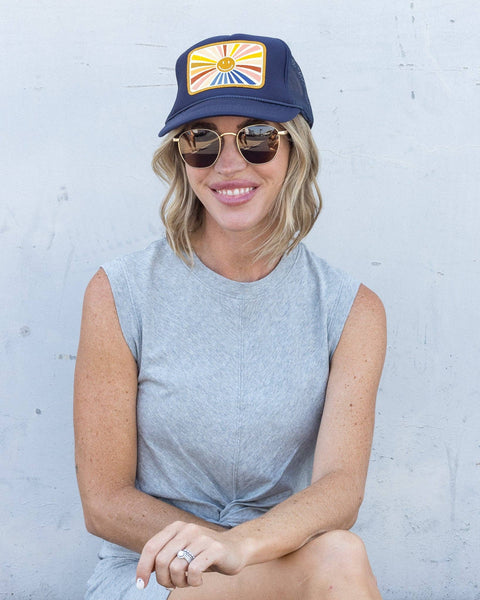 Rays Of Happy Trucker Hat In Navy - Lulu Bella Boutique