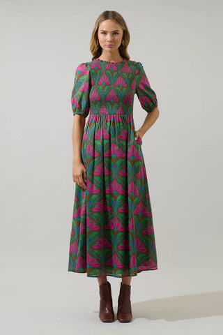 Evanna Floral Bermy Smocked Maxi Dress: KELLY-GREEN-PINK