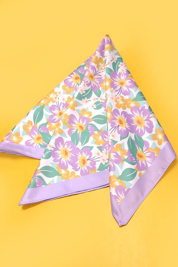 TROPICAL FLOWER PRINT SILKY FEEL BANDANA SCARF: Lavender