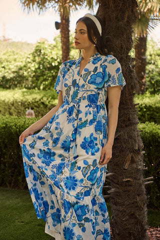 Samian Floral Kissa Button Down Maxi Dress: WHITE-BLUE-GREEN / XS