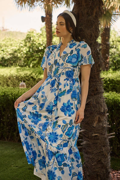 Samian Floral Kissa Button Down Maxi Dress: WHITE-BLUE-GREEN / S
