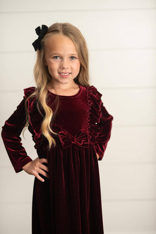 Kids Burgundy Wine Velvet Bow Ruffle Holiday Party Dress: 10/12