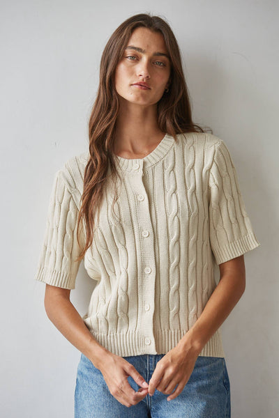Cable Knit Short Sleeve Button Down Top: Natural