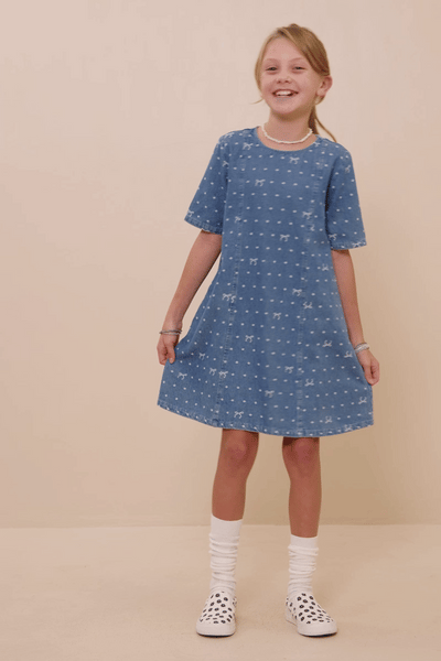 Girls Polka Dot And Bow Print Denim Dress: Mid Denim