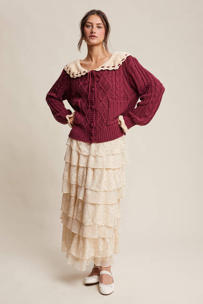 Two-Tone Crochet Collar Cable Knit Cardigan: Cranberry