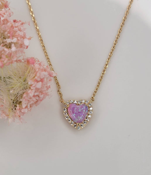 HEART SHAPE LAB GROWN OPAL STONE PENDANT NECKLACE .: PINK OPAL - Lulu Bella Boutique