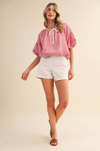 STRIPED BUBBLE TOP WITH GROMMET NECKLINE MTP4529: BERRY RED STRIPE / S - Lulu Bella Boutique