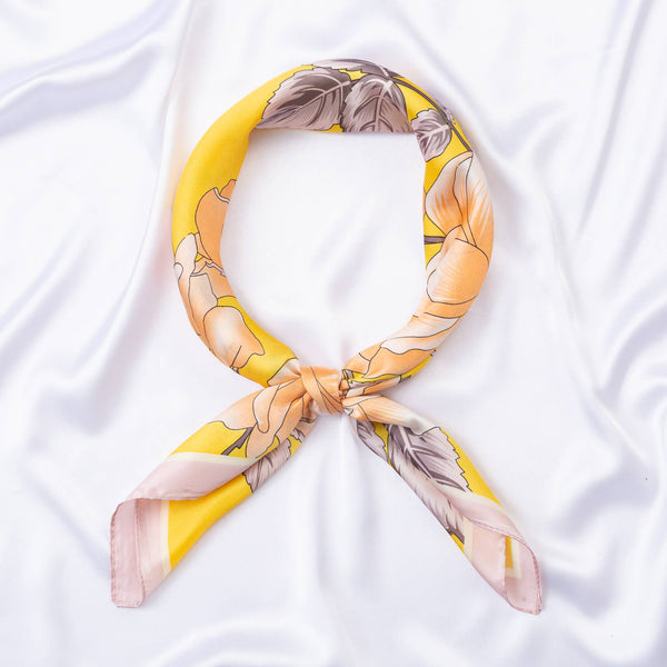 FLOWER SILKY BANDANA SQUARE NECK SCARF, DS 31169: YL - Lulu Bella Boutique