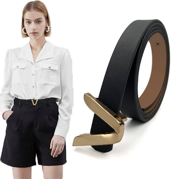 HOT SALE WOMEN'S THIN BELT V-BUCKLE THIN BELT_CWABE0703: Black / (OS) 1 - Lulu Bella Boutique