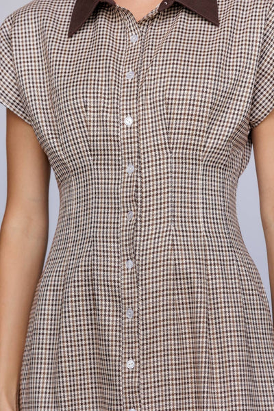 JD9208 - HOUNDSTOOTH COLLARED BUTTON DOWN MIDI DRESS: BROWN/IVORY / S - Lulu Bella Boutique