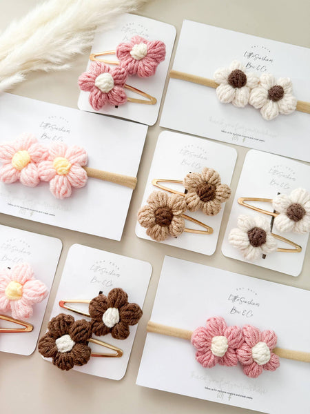 Crochet Flowers Hair Clips & Headbands: Tan & Brown Flower / Pigtail Set - Lulu Bella Boutique