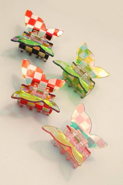 CHECKER BUTTERFLY HOLOGREAPHIC HAIR CLAW CLIPS | 40H776: FUCHSIA - Lulu Bella Boutique
