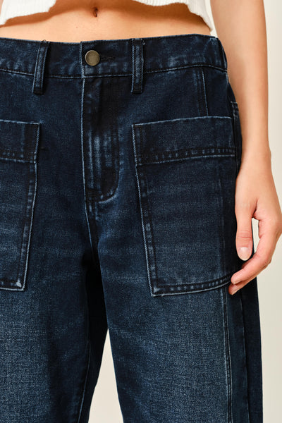 DARK WASHED BARREL JEANS: NAVY