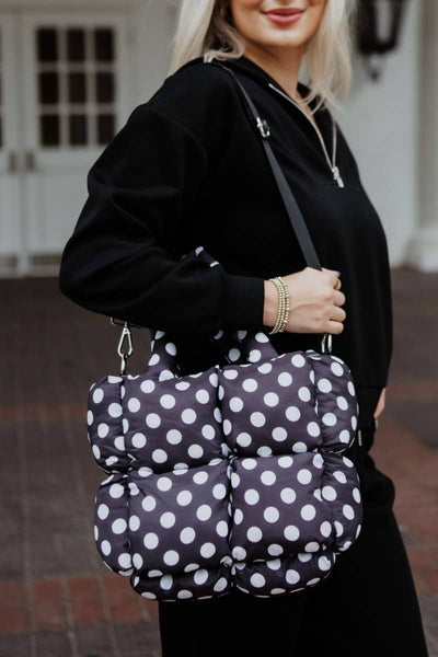Black and White Polka Dot Wholesale Mini Puffer Tote Bag: Black - Lulu Bella Boutique