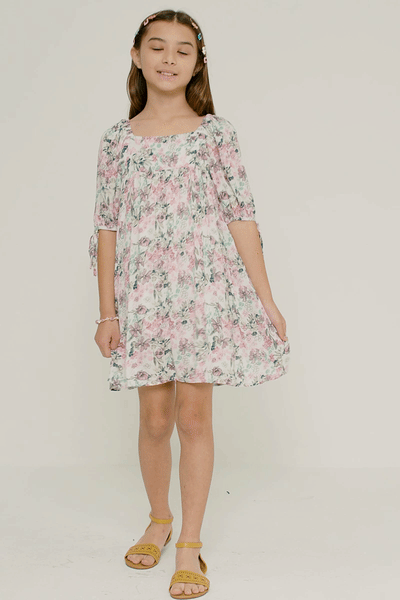 Girls Antique Floral Tie Sleeve Square Neck Dress: Pink