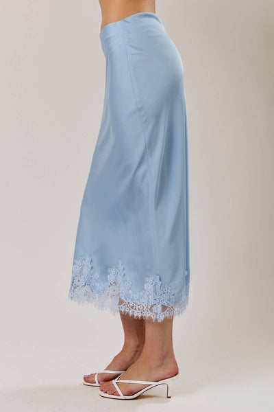LACE APPLIQUE SATIN BIAS MIDI SKIRT: LT BLUE / S - Lulu Bella Boutique