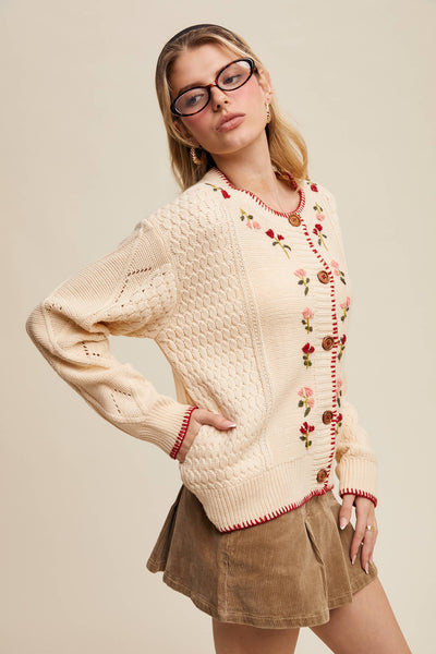 Floral Embroidered Button-Up Cardigan: Ecru