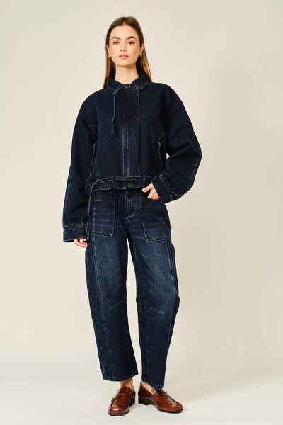 DARK WASHED BARREL JEANS: NAVY