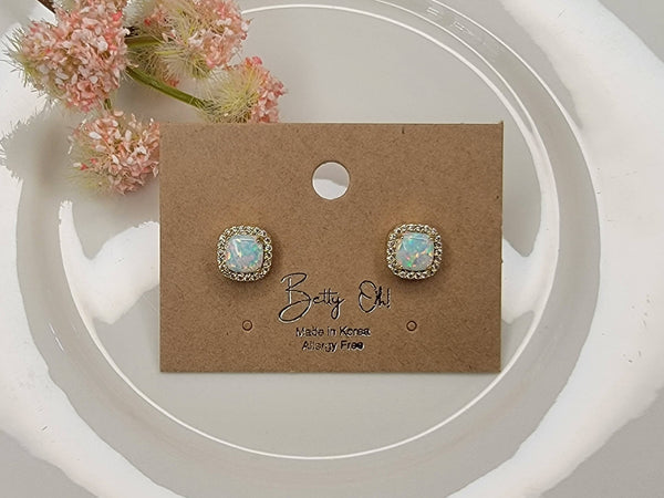 LAB GROWN OPAL STUD EARRINGS.: LIGHT BLUE OPAL/GOLD / Medium - Lulu Bella Boutique