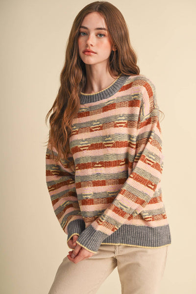ABSTRACT GEOMETRIC KNIT PATTERN SWEATER: GREY PINK MULTI