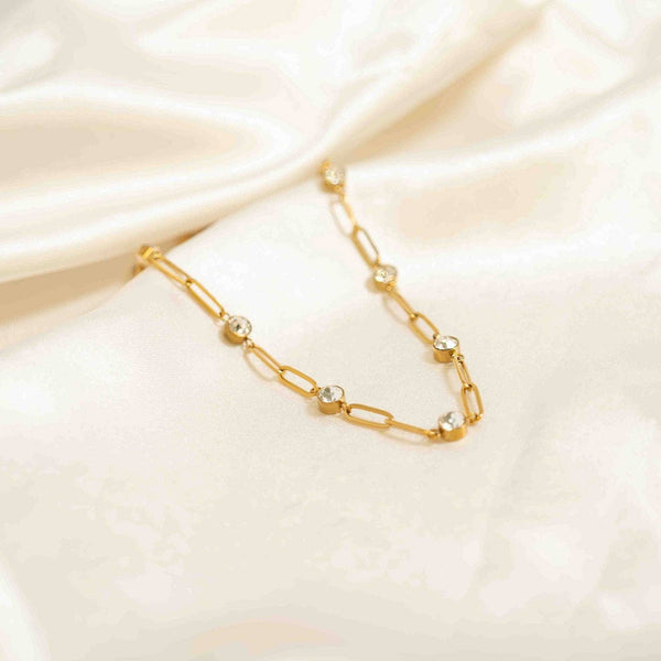 18K Gold PVD Steel Station Stone Paperclip Chain Necklace: Gold / 14+02" / 4mm - Lulu Bella Boutique