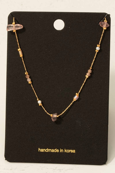 Pearl And Chip Stone Station Beads Chain Necklace: PK - Lulu Bella Boutique