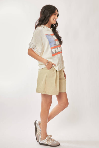 AMERICAN FLAG LOOSE FIT LACE SLEEVE HOODIE TOP: IVORY WHITE / L - Lulu Bella Boutique
