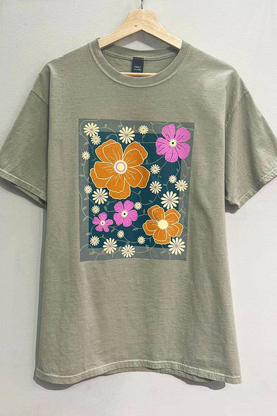 Floral Motif Graphic Tee: OLIVEGREY / LXL / OVERSIZED