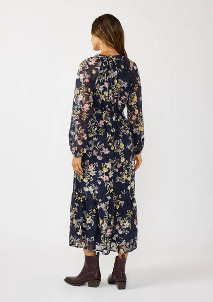 Smocked Waist Ruffle Maxi Dress: NAVY/YELLOW