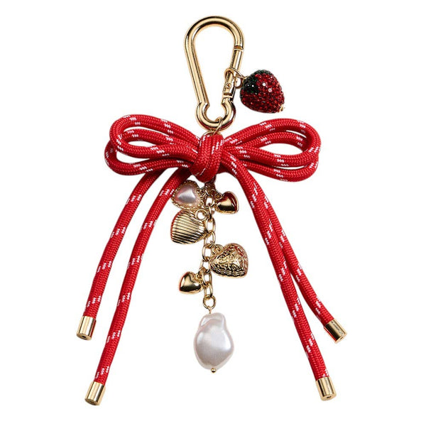 Bow Knot Accent Metal Heart Pearl Strawberry Charm Keychain / Bag Charm - Lulu Bella Boutique