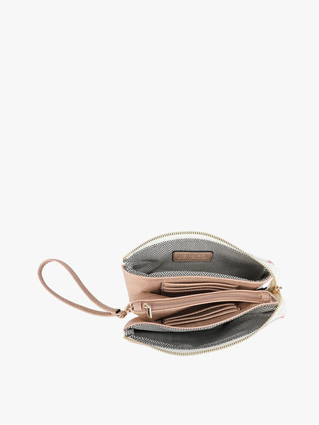 M013CN Riley Canvas/Natural 3 Compartment Crossbody/Wristlet: Leopard/Grey - Lulu Bella Boutique