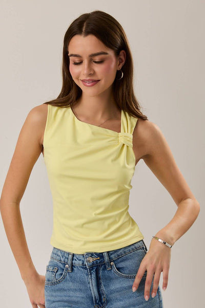 DOUBLE LINED ASYMMETRICAL NECK SLEEVELESS KNIT TOP: LT YELLOW / XS - Lulu Bella Boutique