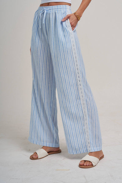 CASUAL PANTS WITH DELICATE RIBBON TRIM ON THE SIDE: VINTAGE BLUE / S-M-L(2-2-2) - Lulu Bella Boutique