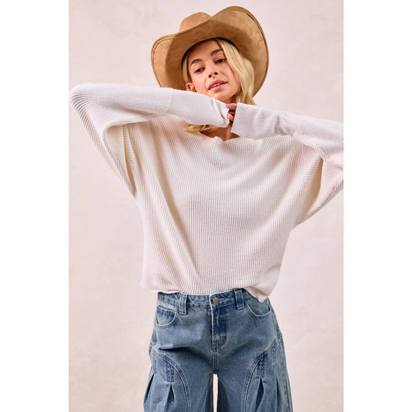 WAFFLE KNIT OFF SHOULDER TOP: IVORY / S - Lulu Bella Boutique