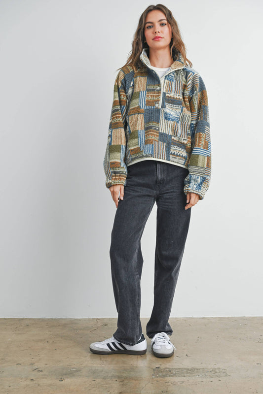 The Moss Patchwork Fleece Half Snap Top: BLUE MULTI