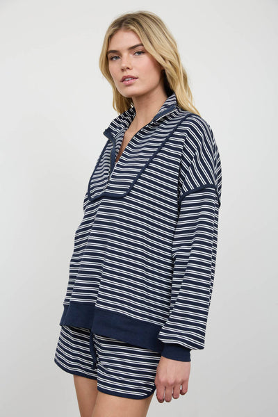 HALF ZIP STRIPE CONTRAST TRIM LONG SLEEVE KNIT TOP: NAVY