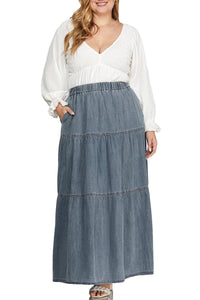 Plus Washed Denim Tiered Long Skirt: DENIM BLUE - Lulu Bella Boutique