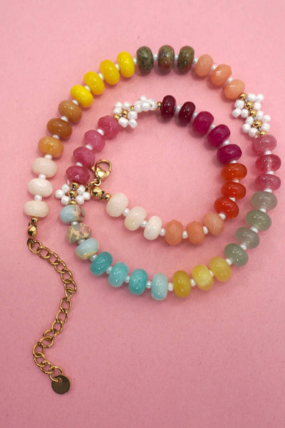 NATURAL STONE AGATE GLASS STAINLESS STEEL NECKLACE |80N92044: A - Lulu Bella Boutique