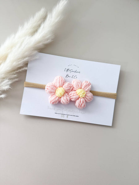 Crochet Flowers Hair Clips & Headbands: Tan & Brown Flower / Pigtail Set - Lulu Bella Boutique