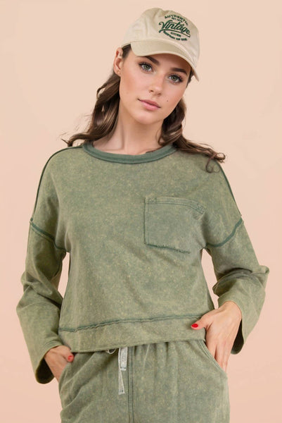 Mineral Washed Casual Knit Top & Pants Set: SAGE